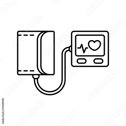 Electronic blood pressure monitor. Linear icon of heart tracking device. Black illustration of textile cuff, rubber hose, plastic computer box. Contour isolated vector emblem on white background