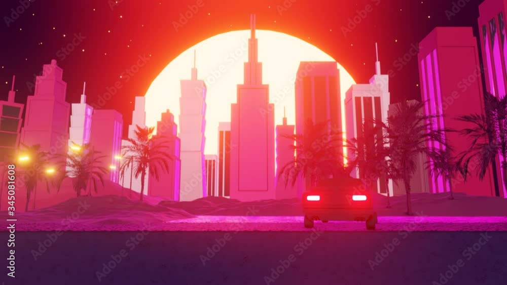 Retrofuturism space landscape with big sun and car near a river. 3D render animation. Seamless loop