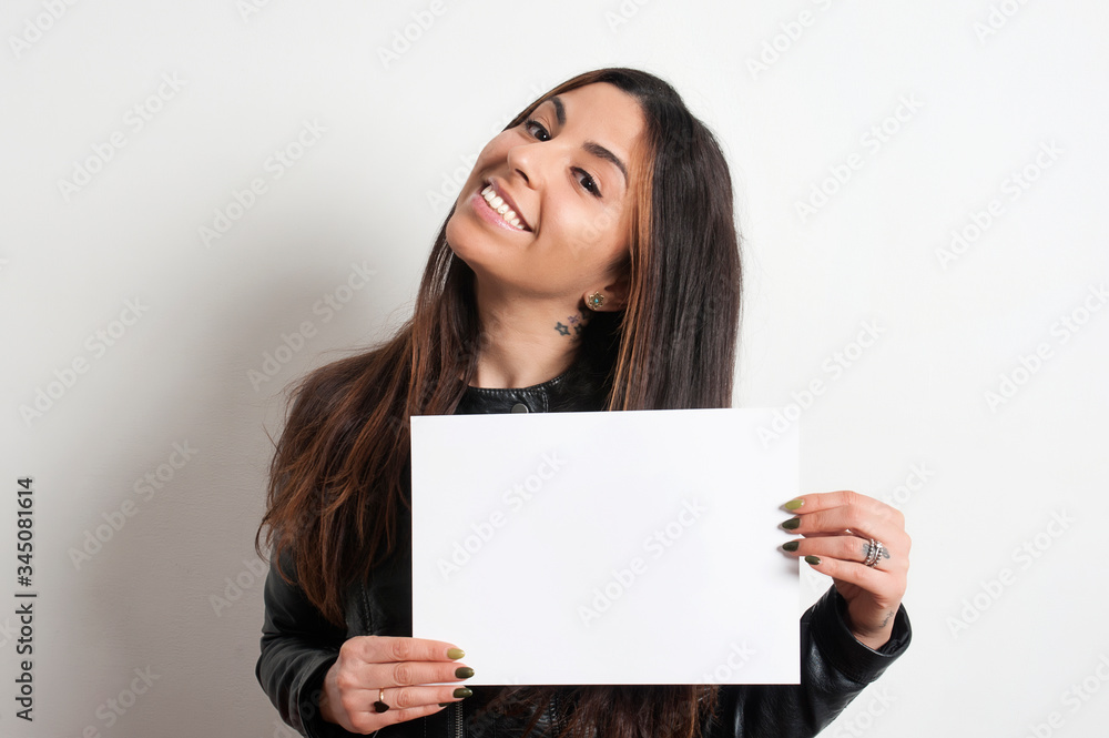 beautiful smiling brunette girl with placard beautiful smiling brunette girl with placard