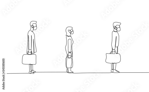 Continuous single line vector illustration of people queuing in a line and wearing protective mask to prevent virus infection 