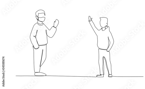 Continuous one line drawing vector of people doing social distancing to prevent virus infection