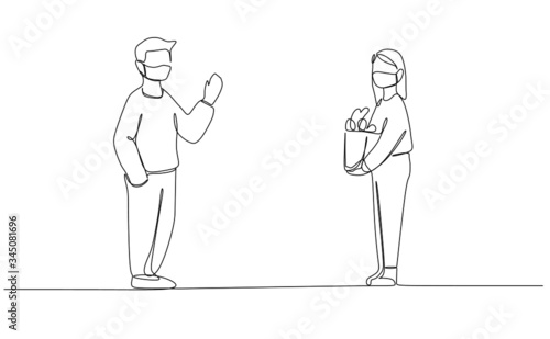 People doing social distancing while meeting to prevent virus infection - Continuous one line drawing vector