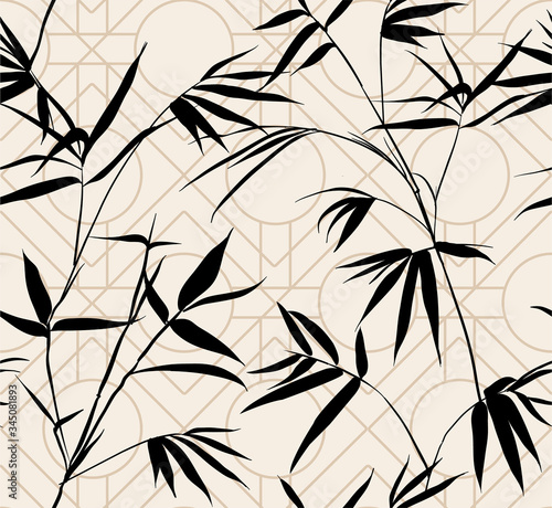 Carta da parati bambù - Carta da parati Retro Silhouette bamboo leaves on light beige geometric line background seamless pattern in vector EPS10,Design for fashion,fabric,web,wallaper,wrapping