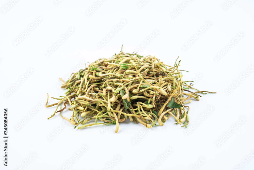 Wild honeysuckle buds dried on white background Wild honeysuckle buds dried on white background