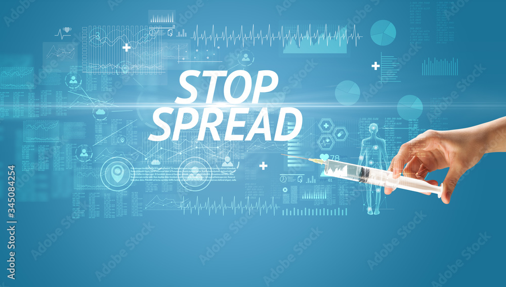 Syringe needle with virus vaccine and STOP SPREAD inscription, antidote concept Syringe needle with virus vaccine and STOP SPREAD inscription, antidote concept