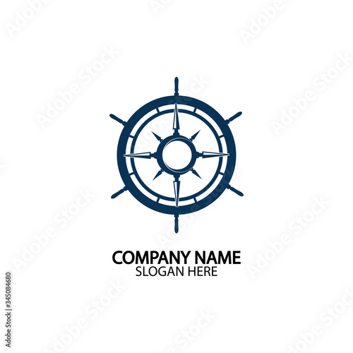 Ship steering wheel and conpass rose navigation symbol or logo isolated on white background - vector illustration