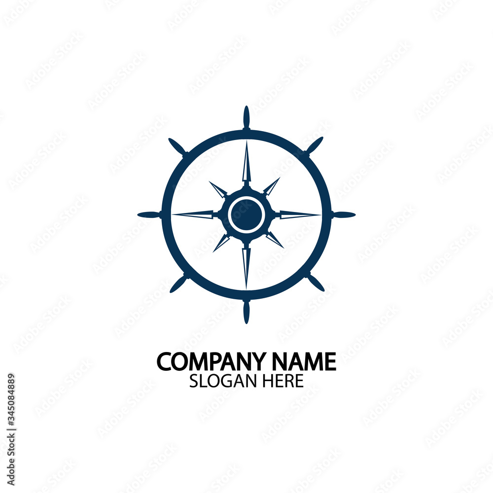 Ship steering wheel and conpass rose navigation symbol or logo isolated on white background - vector illustration Ship steering wheel and conpass rose navigation symbol or logo isolated on white background - vector illustration