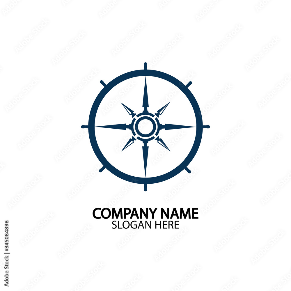 Ship steering wheel and conpass rose navigation symbol or logo isolated on white background - vector illustration Ship steering wheel and conpass rose navigation symbol or logo isolated on white background - vector illustration