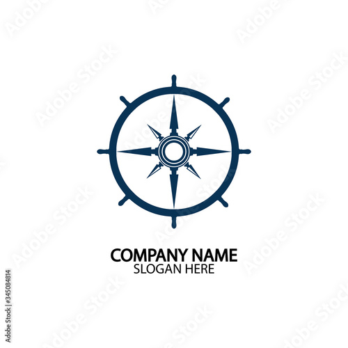 Ship steering wheel and conpass rose navigation symbol or logo isolated on white background - vector illustration