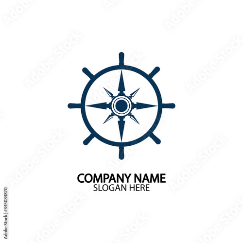 Ship steering wheel and conpass rose navigation symbol or logo isolated on white background - vector illustration