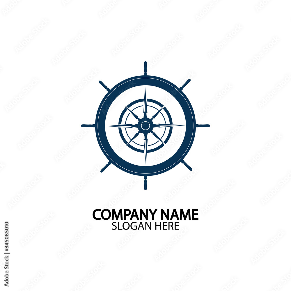 Ship steering wheel and conpass rose navigation symbol or logo isolated on white background - vector illustration