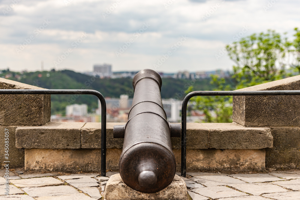 Old cannon on the fortress of Brno. The gun is mounted on the highest point in the city.