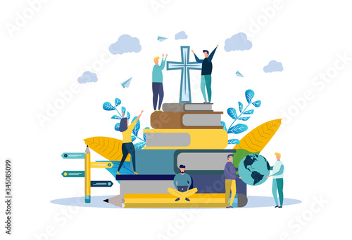 Bible study. God gives people hope. The word of God is Christianity. The number of believers is growing. Jesus Christ. Holy places. Bible study concept. Colorful vector