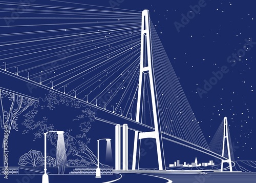 Large cable-stayed bridge, traffic on a night road. Lanterns shine on the embankment under the bridge. A city is visible in the distance. Vector design art. Illustration
