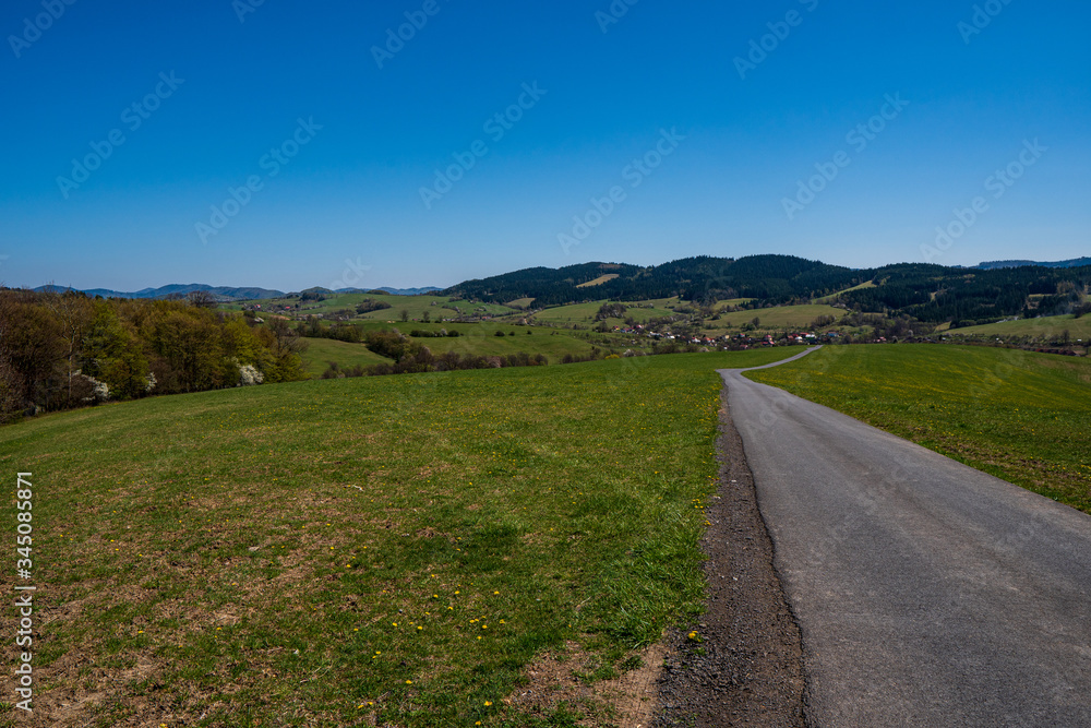 Beautiful spring landscape with winding road through the green meadow field and a blue sky

F