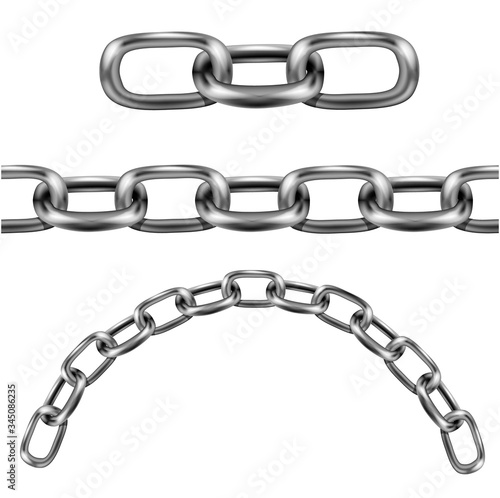 Metal chain links of different shapes link, arc and level. Length of Chain Isolated on White Background
