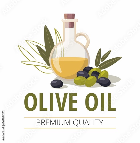 Glass bottle of olive oil and olives with leaves.