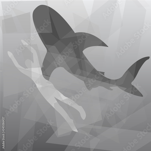 Silhouettes of diver and shark. Polygon texturing