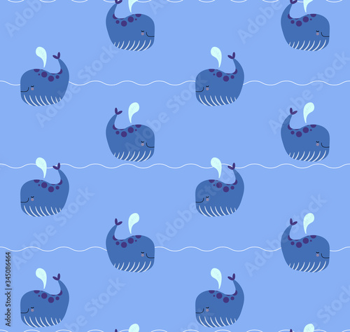 Sea whale flat vector seamless pattern. Cute blue pattern with whales and waves.