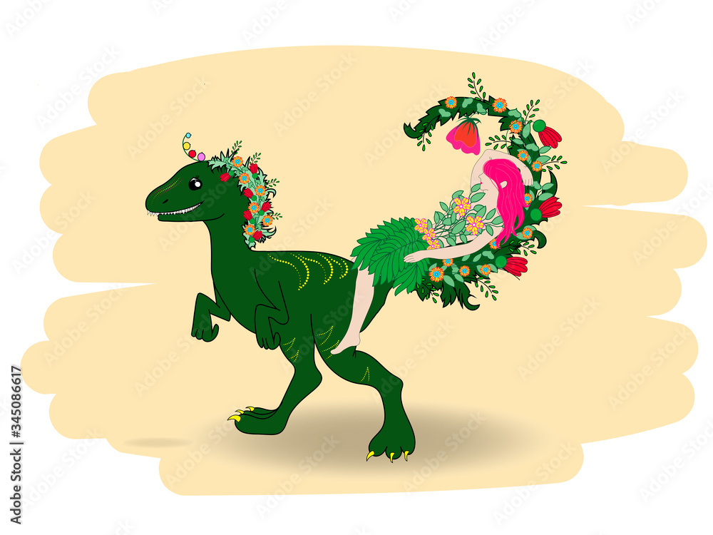 Obraz premium Sleeping girl and dinosaur. Good night sweet dreams. Vector illustration of character in cartoon flat style. graphic pajama printed design. Summer girl with Dino.