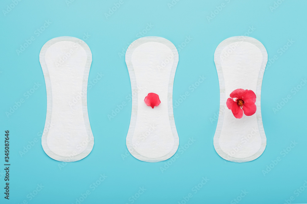 Sanitary pads in a row with a red flower on a blue background. The concept of critical days, stages of the menstrual cycle. Sanitary pads in a row with a red flower on a blue background. The concept of critical days, stages of the menstrual cycle.