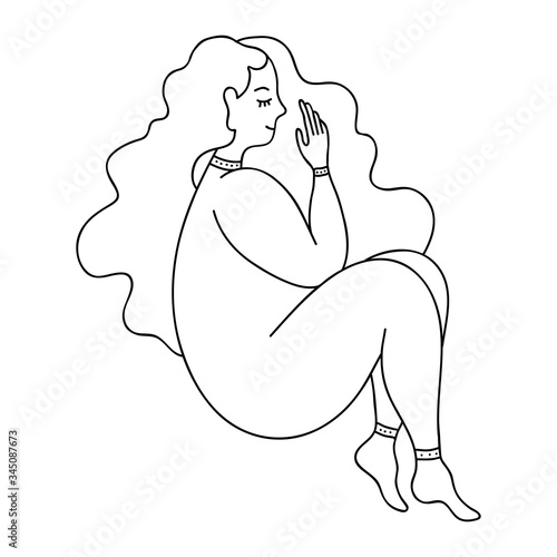 The girl sleeps on her side curled up. Vector illustration in a linear style. Sleeping woman in embryo pose isolated on white background. Outline style.