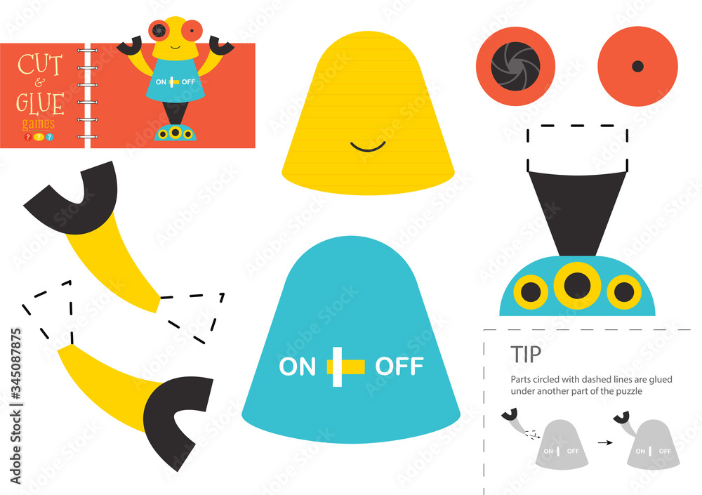 Cut and glue paper toy. Vector illustration, worksheet with cartoon robot