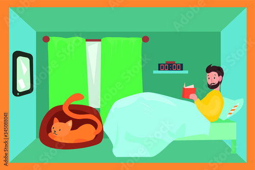 Vector illustration of young man chilling with pizza and a cat
