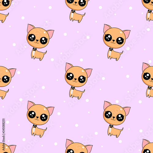Happy Chihuahua seamless pattern - hand drawn illustrations. Vector of brown chihuahua dog cartoon character with pink background for fabric, Gift wrap, handkerchief design concept.