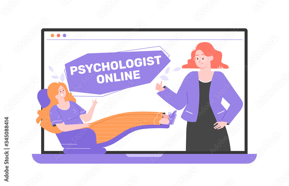 Girl at a therapy with a psychologist online. Internet talkspace concept. Consultation with a specialist in mental illness and life problems. Characters and a big laptop. Vector flat illustration.