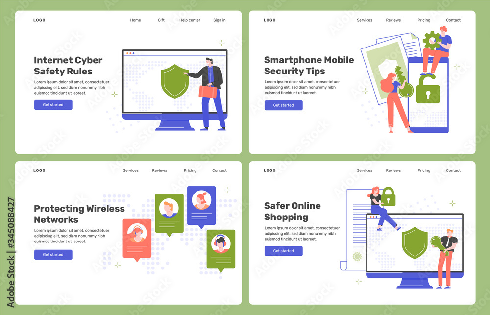 Four cybersecurity and internet network protection landing pages templates. Application and information safety, global cyber threat. Vector flat illustration.