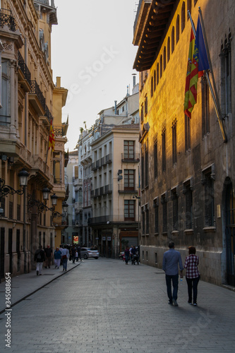 A street at sunset in Valencia, Spain