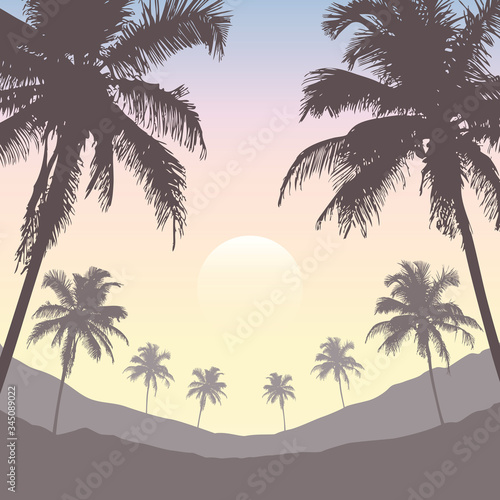 bright tropical nature landscape with palm trees and mountain view vector illustration EPS10