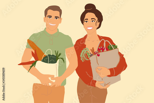 Illustration of a couple with shopping bags full of fresh food