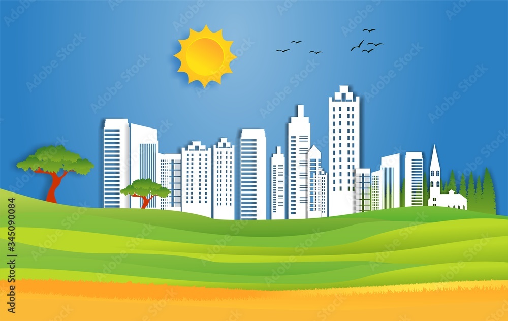 Vector landscape, urban buildings and countryside view