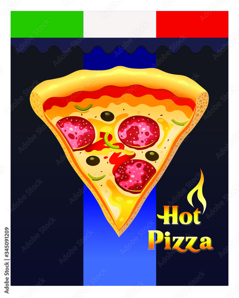 Slice of of Italian pizza vector illustration with logo and decorative ...