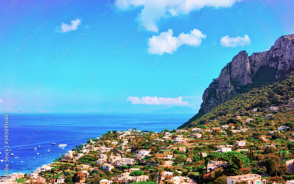 Aerial view with Capri Island and Tyrrhenian sea reflex