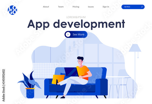 App development flat landing page design. Programmer working at home on sofa scene with header. UI UX usability design, application prototyping, construction and programming. Work process situation.
