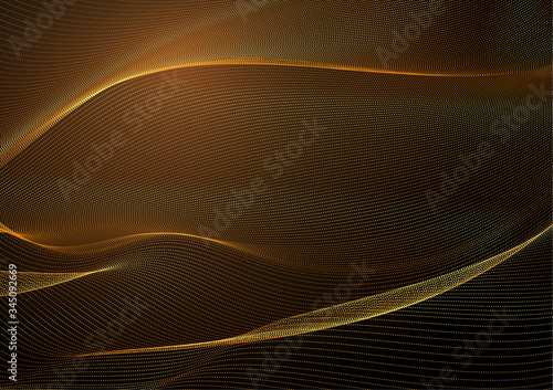 Abstract particle line vector background. Golden wavy grid (golden dots) on black backdrop. Gold guilloche pattern useful for certificate, diploma, hi tech technology
