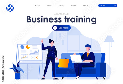 Business training flat landing page design. Business coach making presentation near whiteboard scene with header. Business education, coaching and company personnel training. Work process situation.