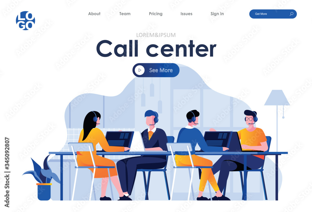 Call center flat landing page design. Hotline operators with headsets in office scene with header. Online customer support, telemarketing agency, consultation and assistance. Work process situation.