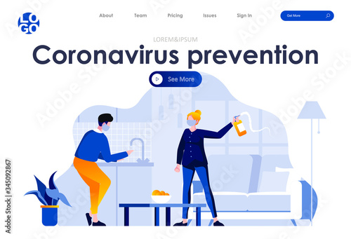 Coronavirus prevention flat landing page design. Man washing hands, woman in medical mask with disinfectant scene with header. Coronavirus protection, hygiene and safety, home quarantine situation.