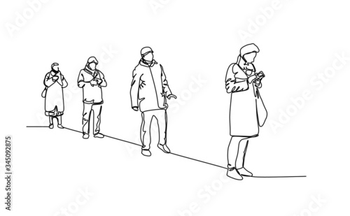 Continuous one line drawing of people waiting in line and doing physical distancing to prevent virus infection 