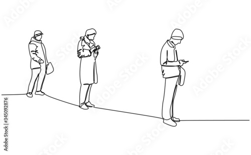 Continuous one line drawing of people waiting in line and doing physical distancing to prevent virus infection 