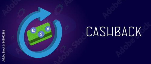 Cashback money refund and reward program concept. Saving money icon with big returning arrow and coins dropping into credit bank card. Header and footer isometric vector banner template with text.