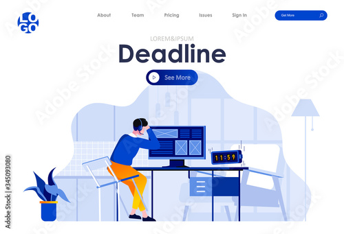 Work deadline flat landing page design. Tired project manager at workplace with computer scene with header. Effective task management and productivity, stressful work and overworking process situation