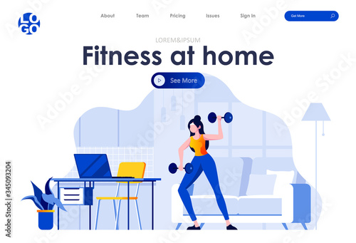 Fitness at home flat landing page design. Girl exercising with dumbbells at home scene with header. Healthy lifestyle and activity, daily fitness training or gymnastics in morning situation.
