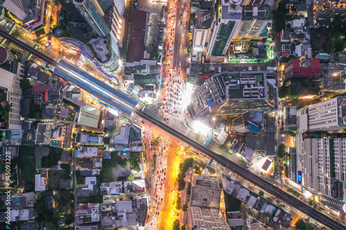 Aerial view of Asoke intersection and sky train station in Bangkok Thailand