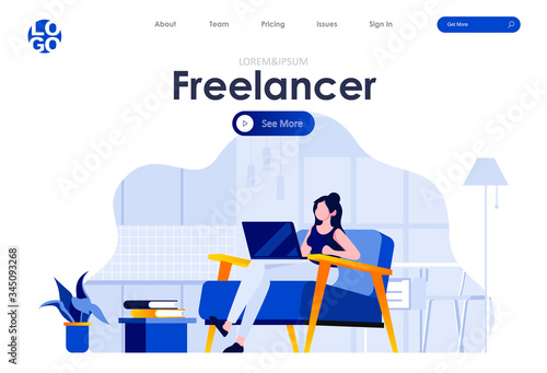 Freelancer flat landing page design. Young woman working with laptop in comfortable conditions at home scene with header. Remote work and self-employed occupation. Freelance and education situation.