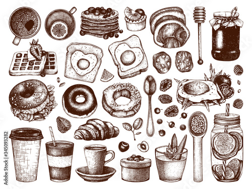 Breakfast dishes vector collection. Morning food hand drawn illustrations. Breakfast and brunches menu design elements set. Vintage hand drawn food and drinks sketches. 